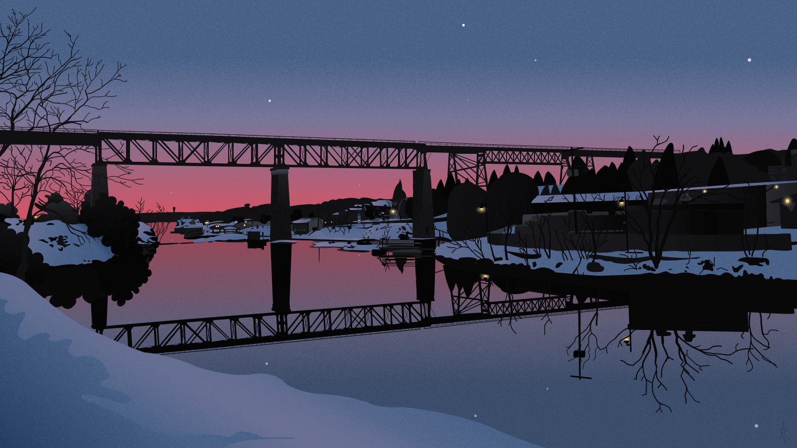 illustration of a train trestle bridge over a river