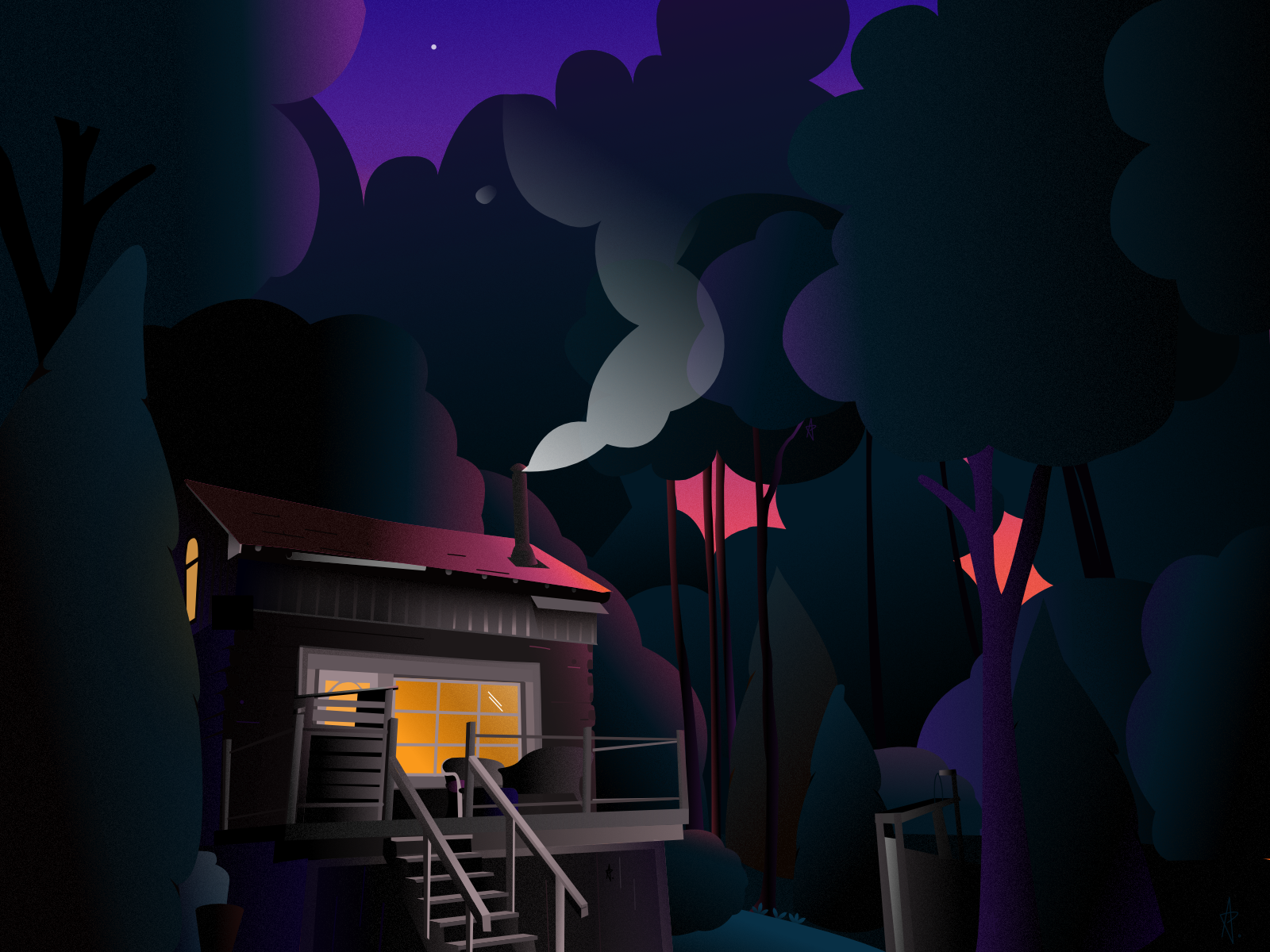 cabin at night in the woods