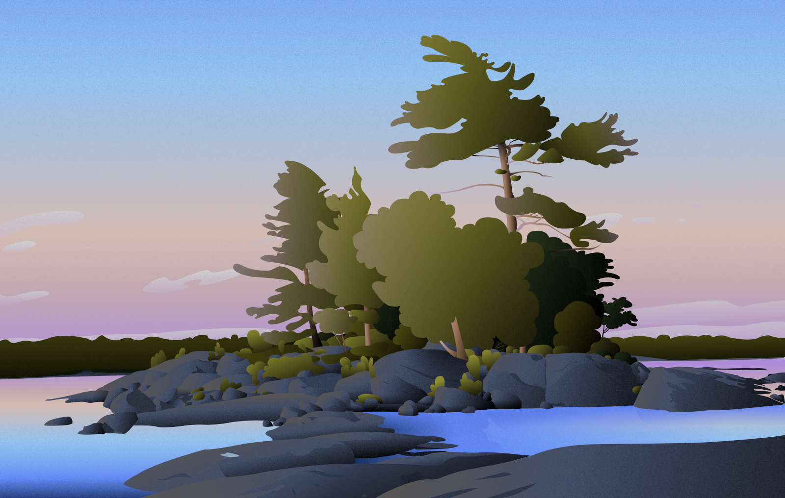 rocky treed island at sunset