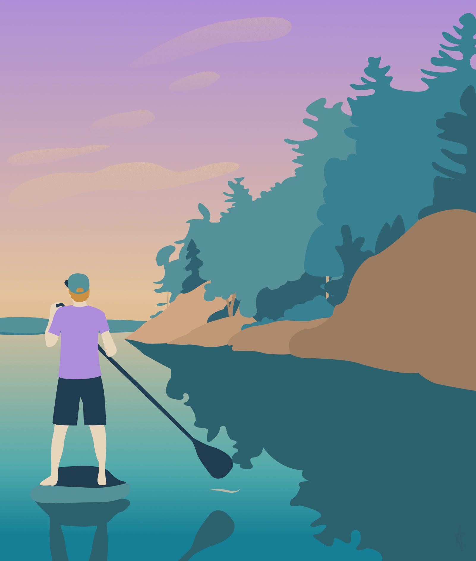 man on a paddle board next to rocky treed shoreline