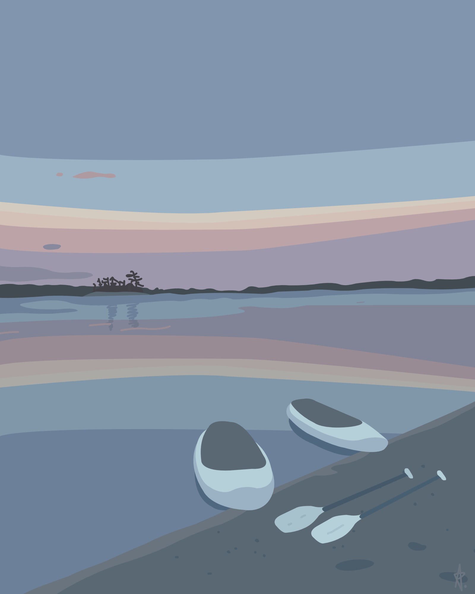 illustration of two paddle boards on shore at sunset