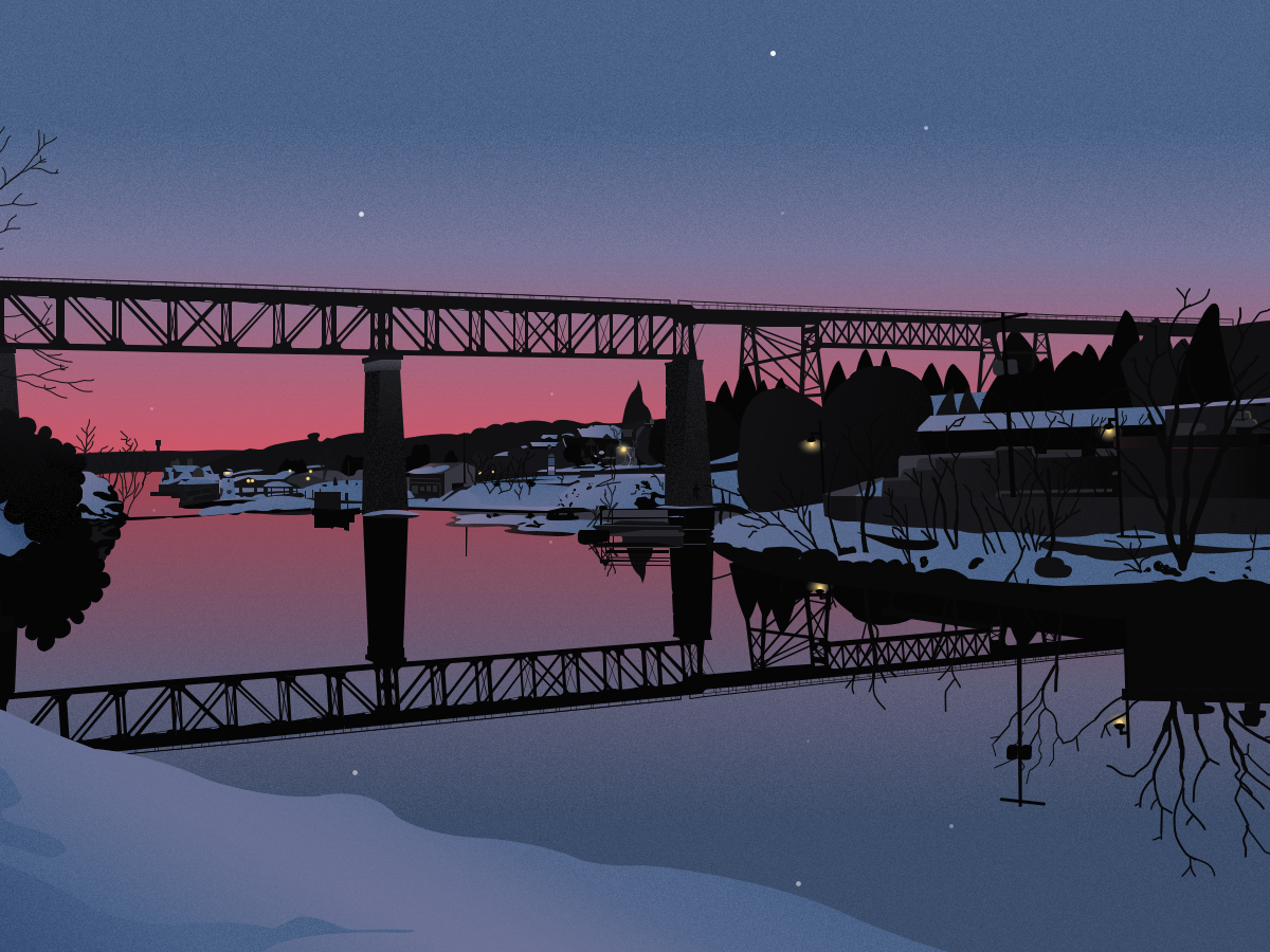 illustration of a train trestle bridge over a river
