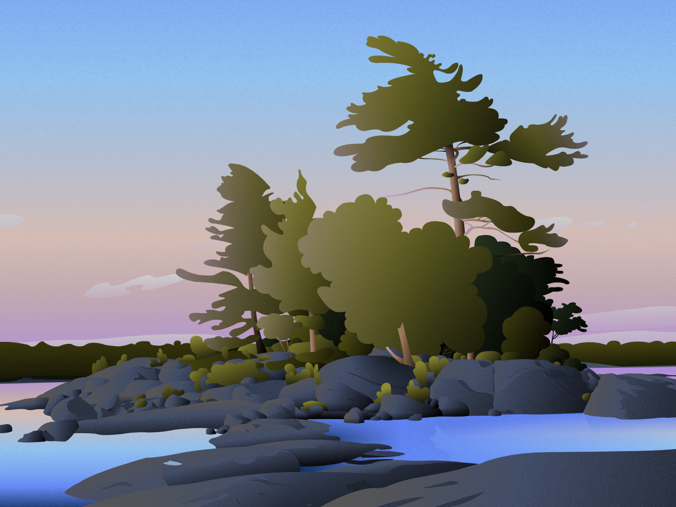 rocky treed island at sunset