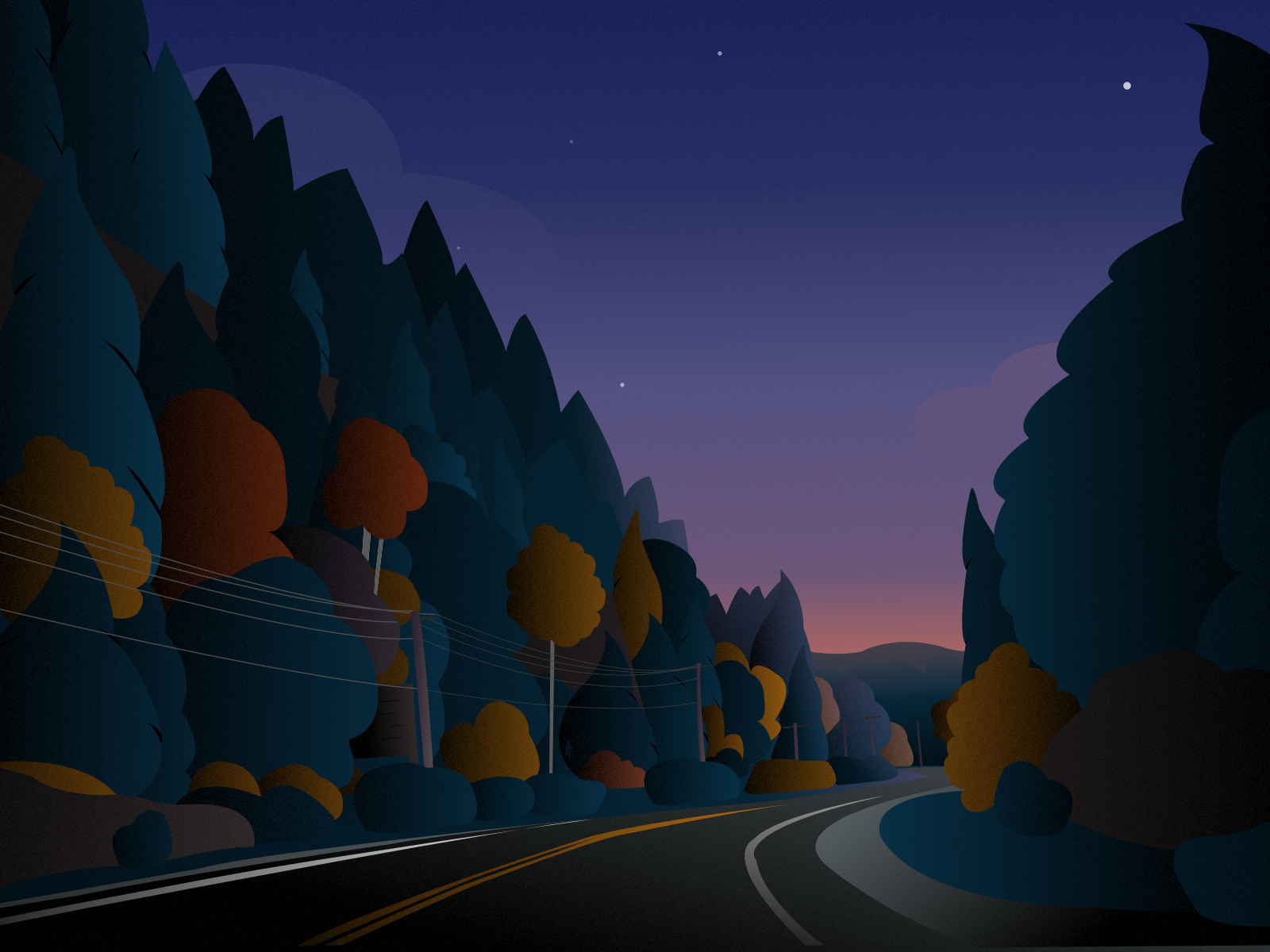 curved road winding through trees at dusk