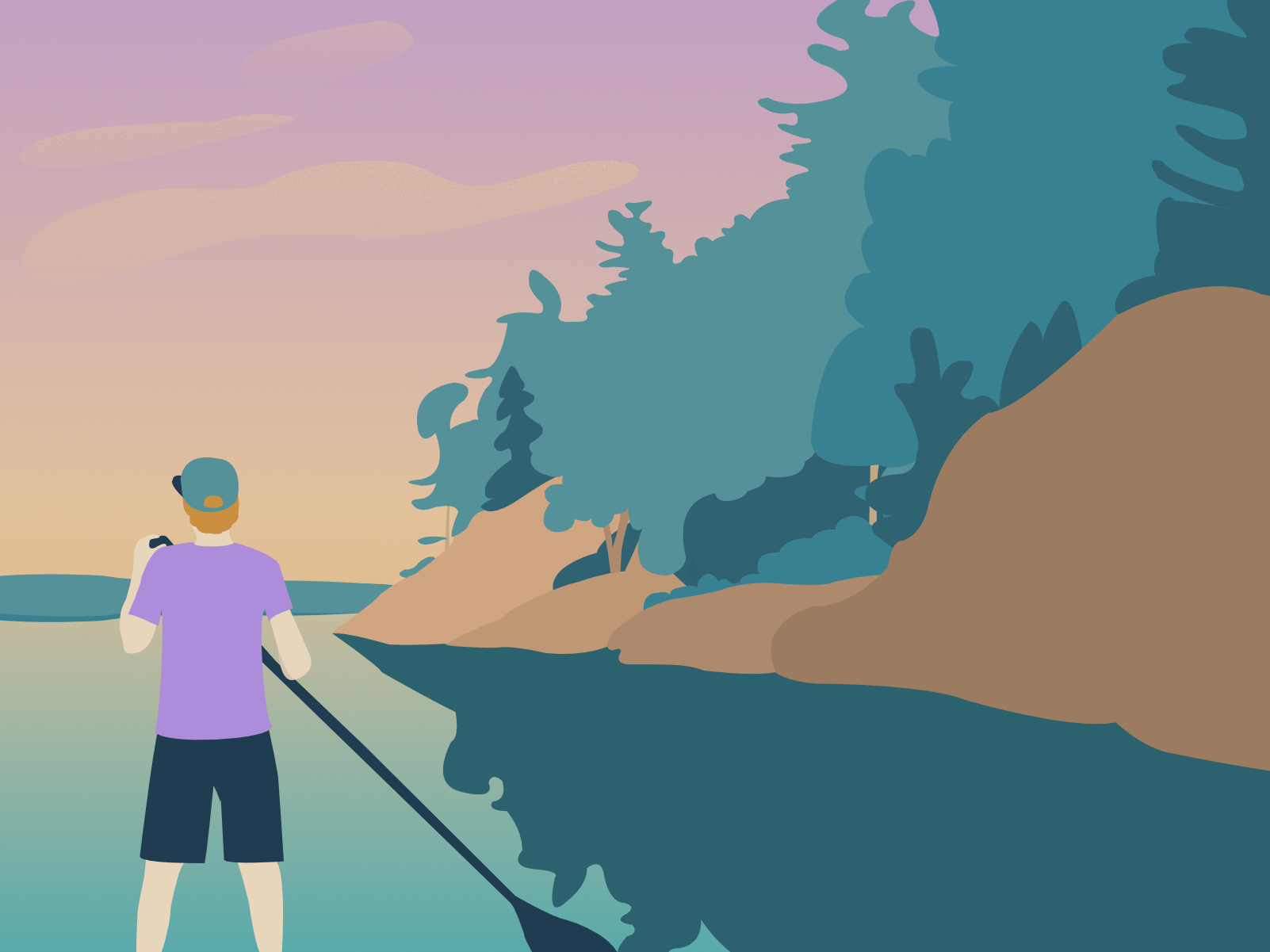 man on a paddle board next to rocky treed shoreline